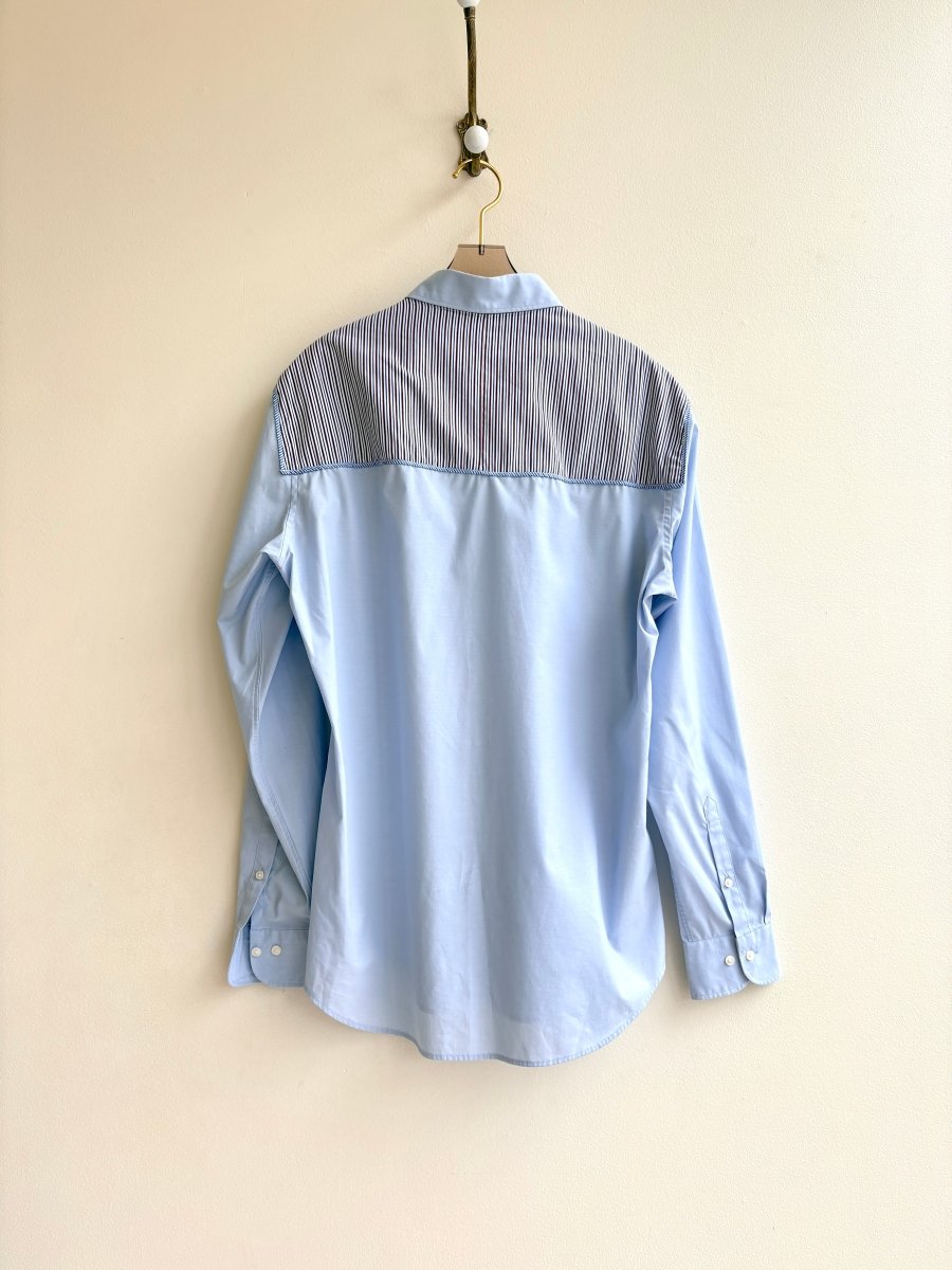 Austin Top | Blue Button Down Top w/ Brown & Blue Pinstripe Shoulder Accent (Reworked) - Made X Hudson