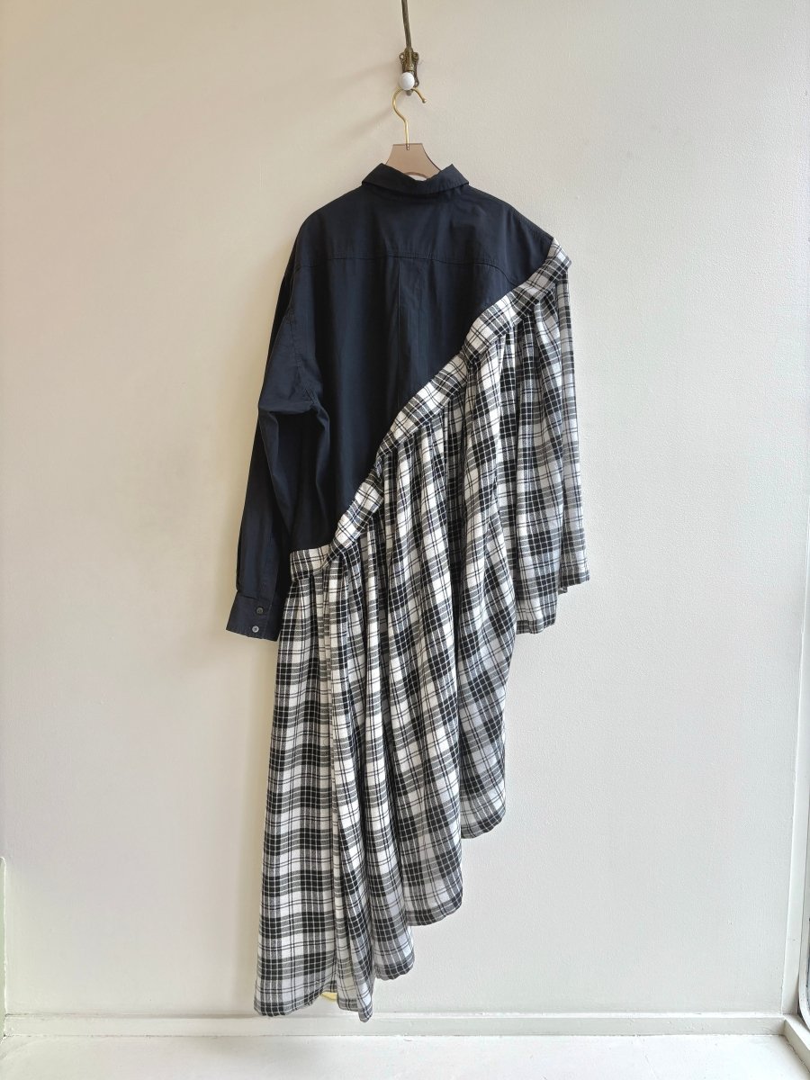 Asymmetric Shirtwaist Dress in Black with Black and White Plaid Skirt (Reworked) - Made X Hudson