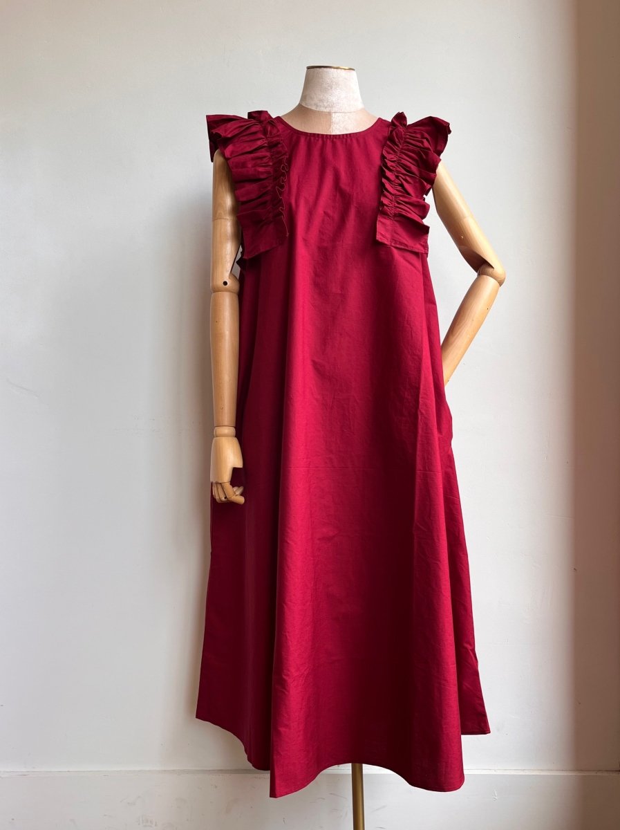 Cherry Bordeaux Sleeveless Cotton Aria Ruffle Dress w/ Belt - Made X Hudson