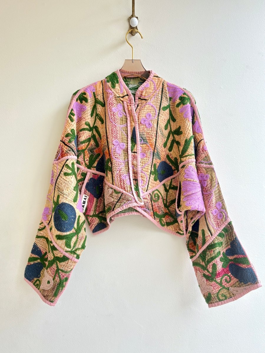 Reversible Kaira Suzani Quilted Cropped Jacket in Colors Green, Lavender, Orange & Blush, Blue, Green, Lavender - Made X Hudson