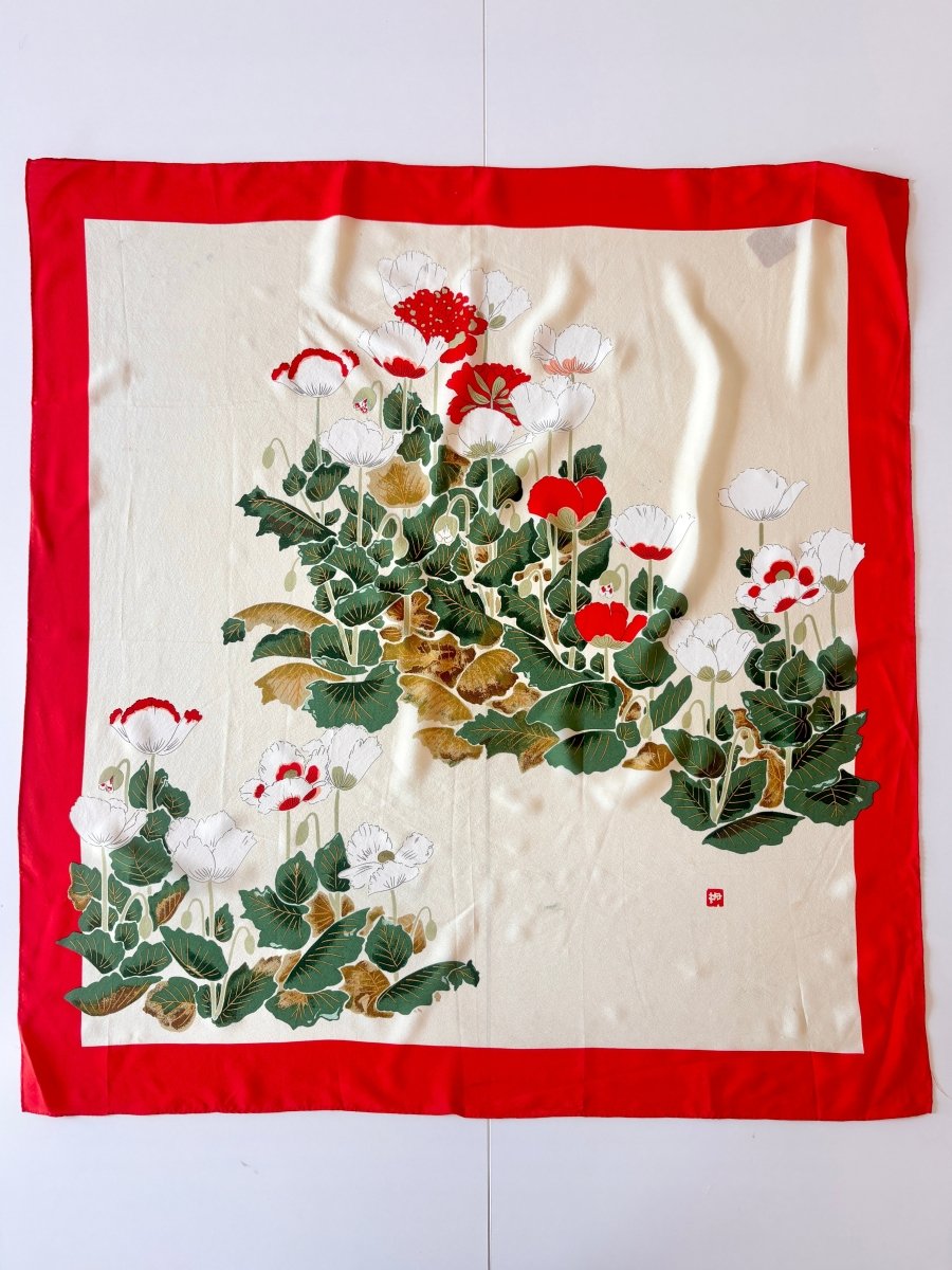 Red, Gold, and White Poppies Vintage Silk Scarf (Vintage) - Made X Hudson