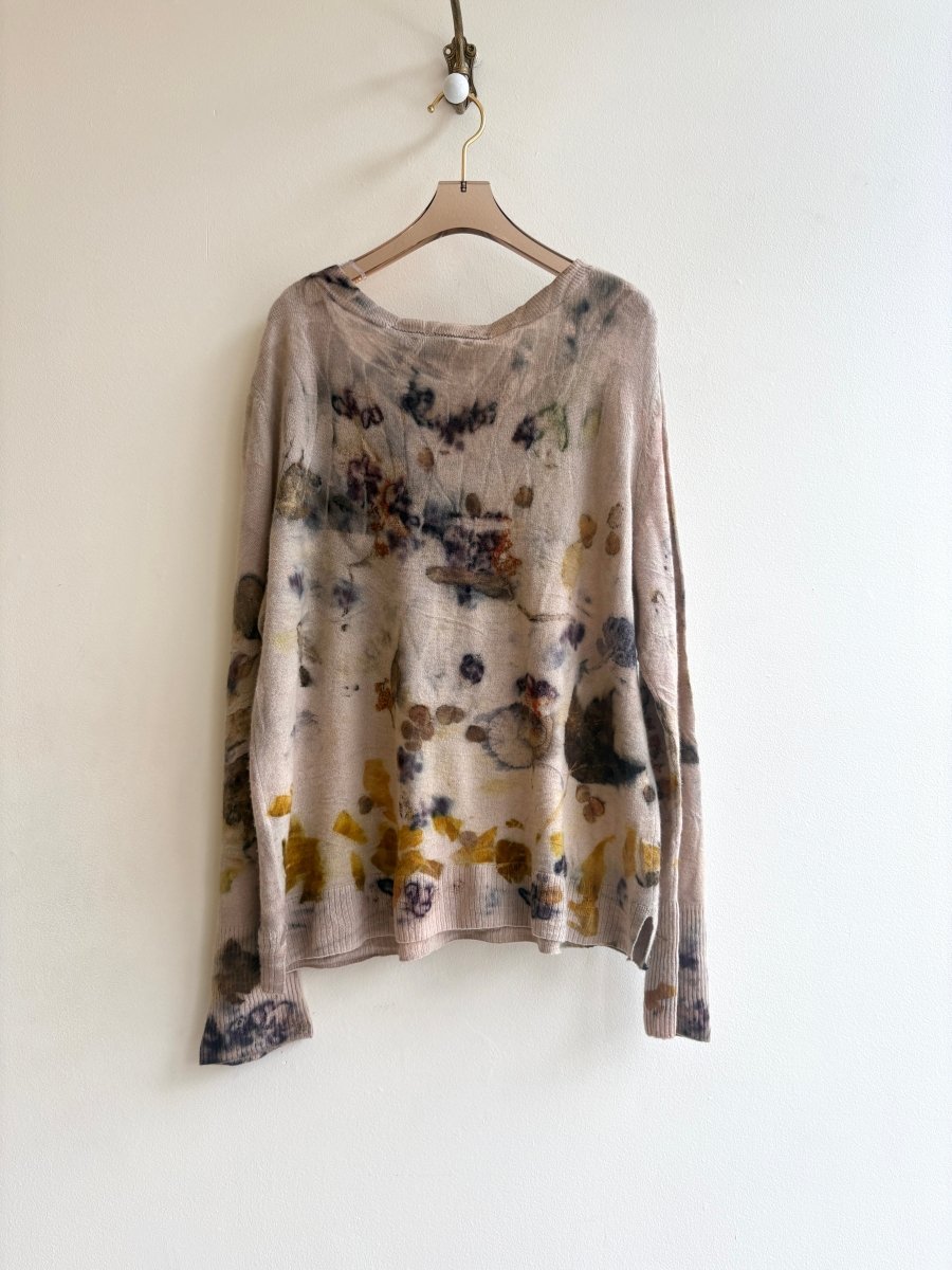 Pale Pink & Yellow Cashmere Eco Printed V - neck Sweater (Reworked) - Made X Hudson