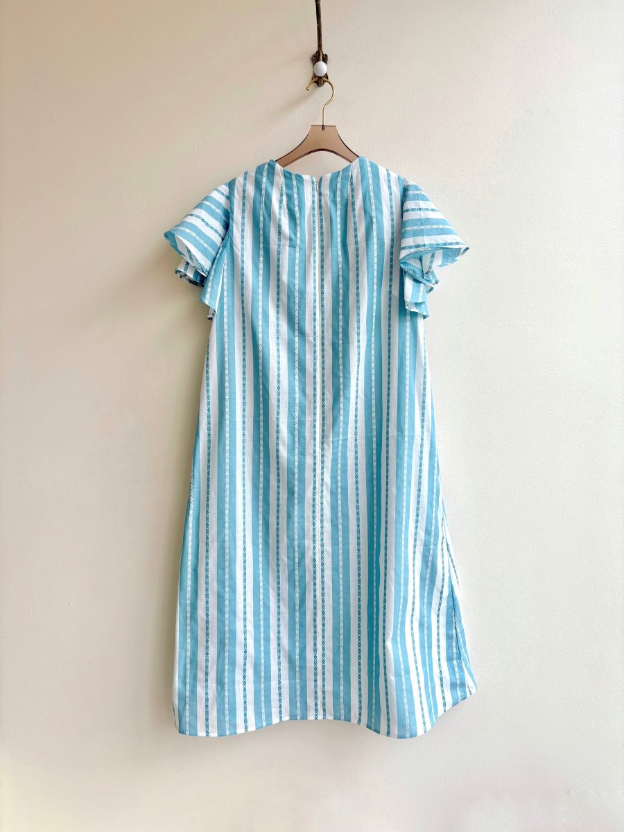 Turquoise & White Wide Stripe Chore Dress w/ Patch Pockets & Flutter Sleeve - Made X Hudson