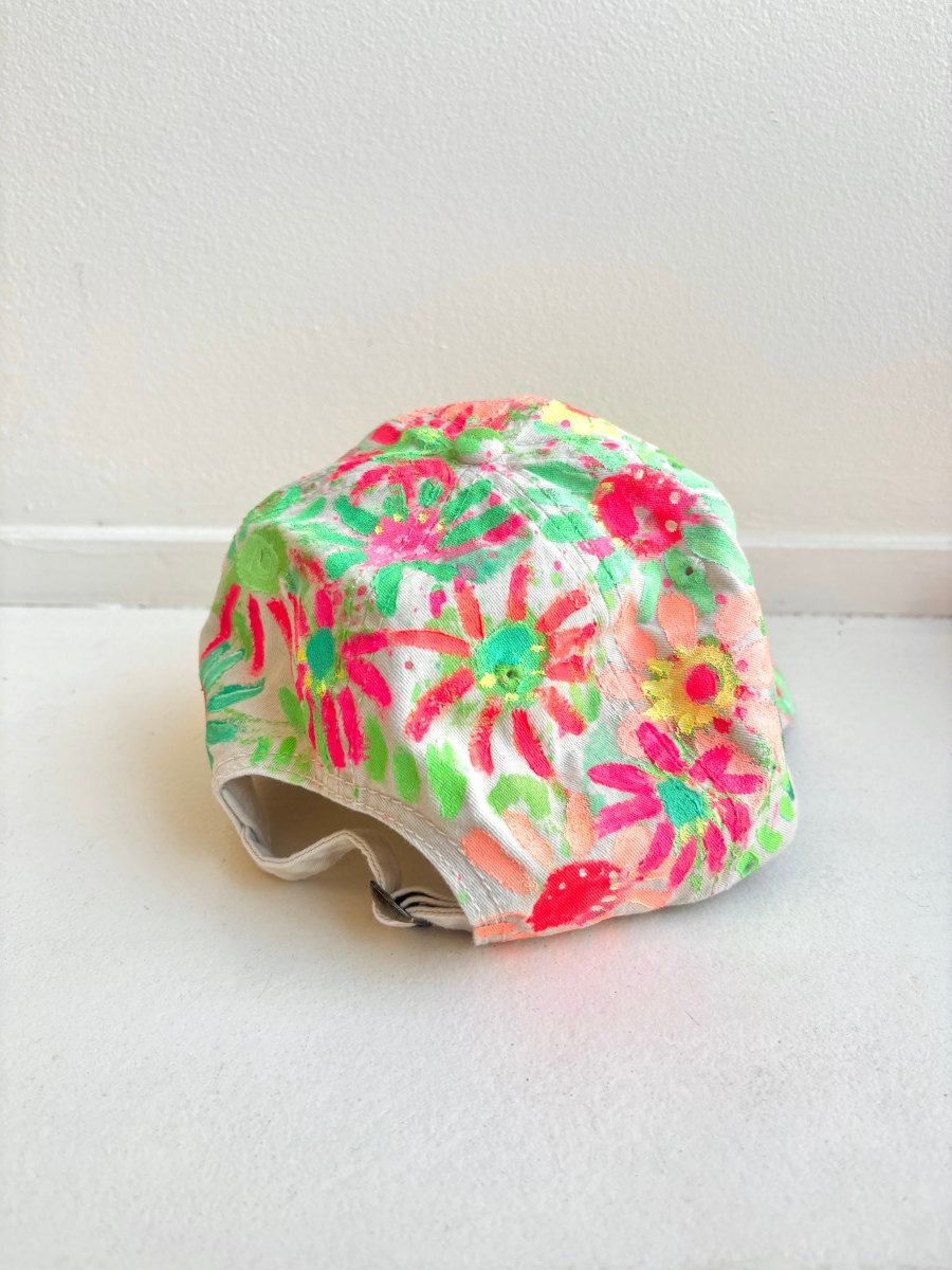 Natural Canvas Hand Painted Neon Green Multi Color Flowers Baseball Cap - Made X Hudson