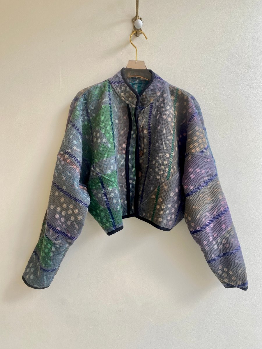 Reversible Kaira Quilted Cropped Jacket in Colors Peacock Blue, Black & Grey, Green - Made X Hudson