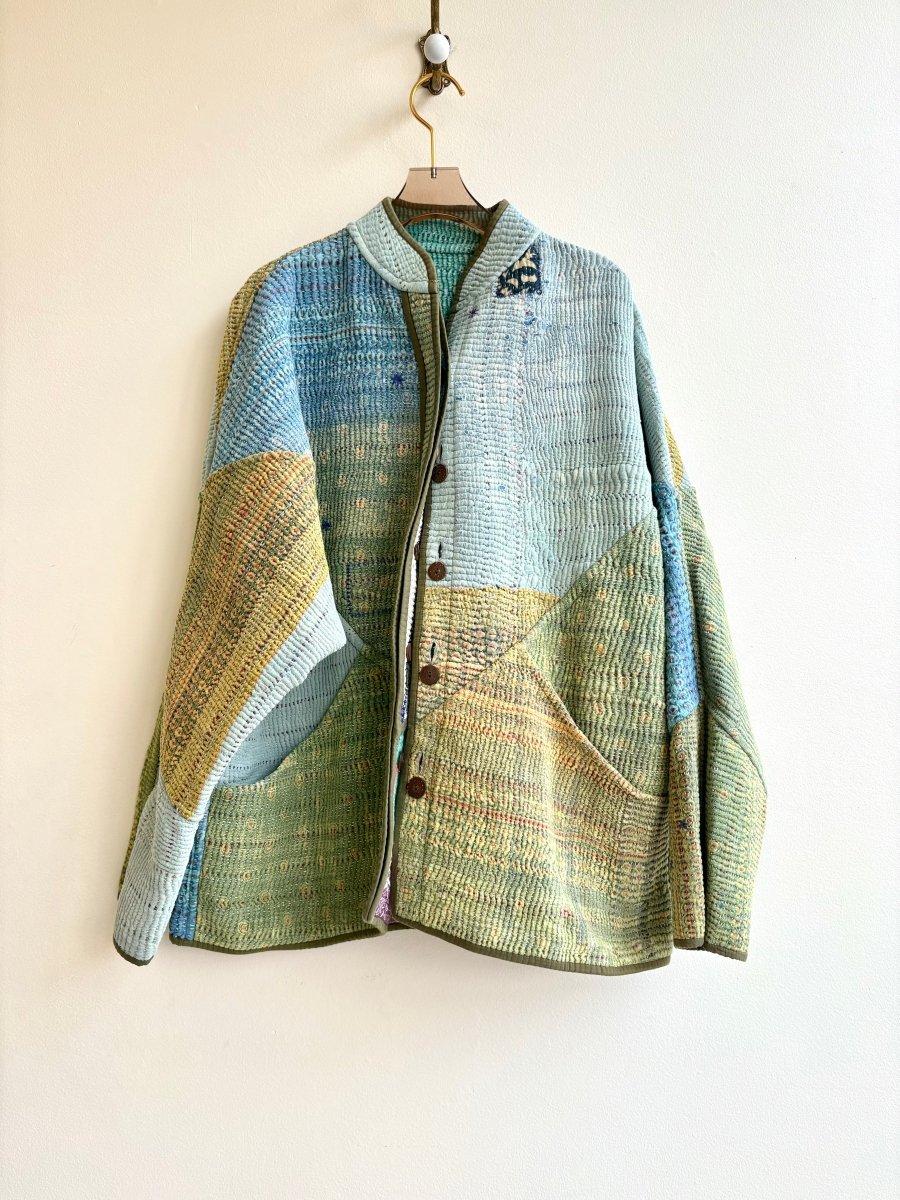 Reversible Ladhiya Quilted Jacket in Colors Turquoise, Blue, Coral & Sky Blue, Sage, Yellow - Made X Hudson