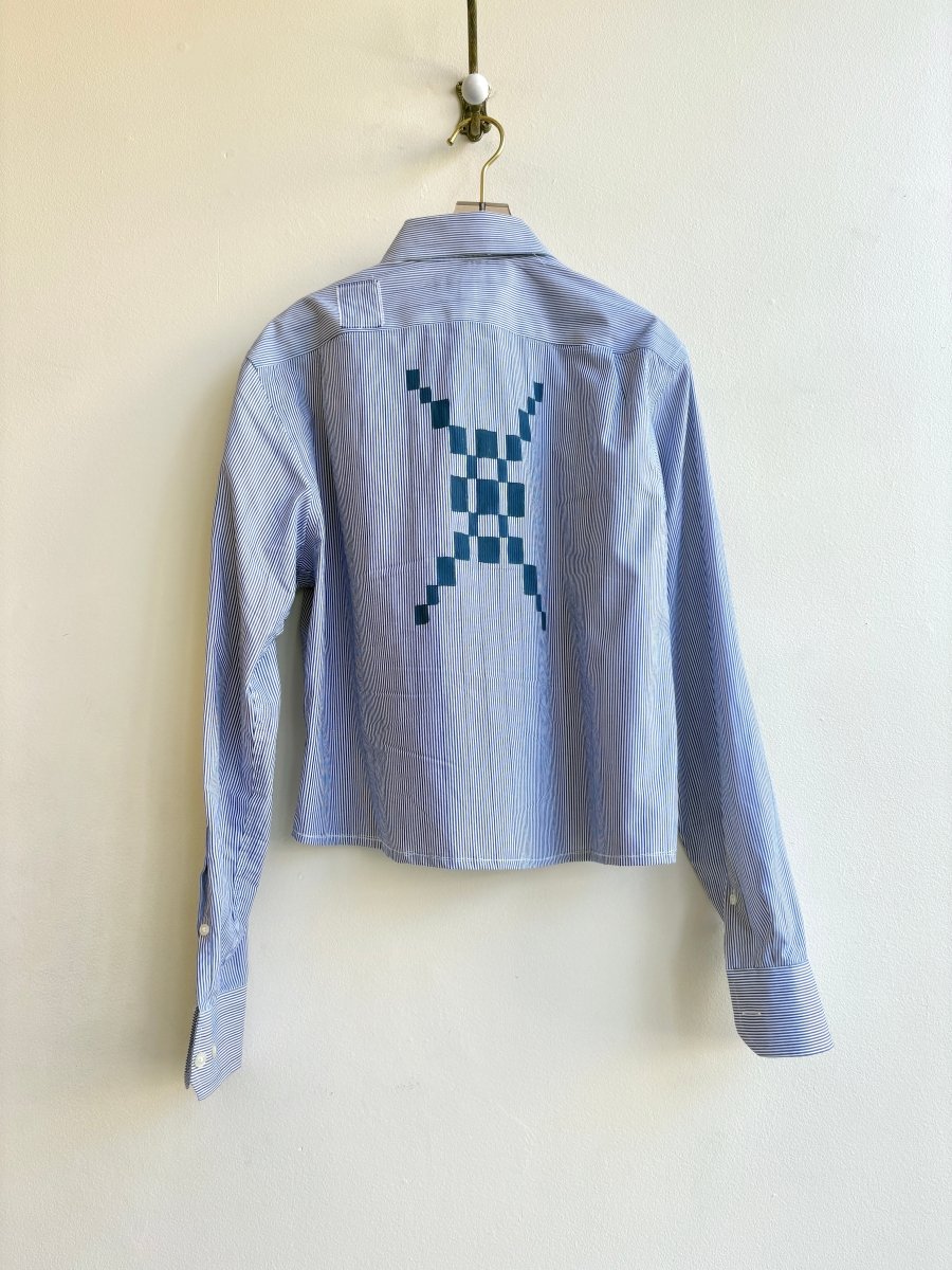 Indigo Quilt Checker Blue Stripe Crop Button-Up | Hand Painted (Reworked) - Made X Hudson