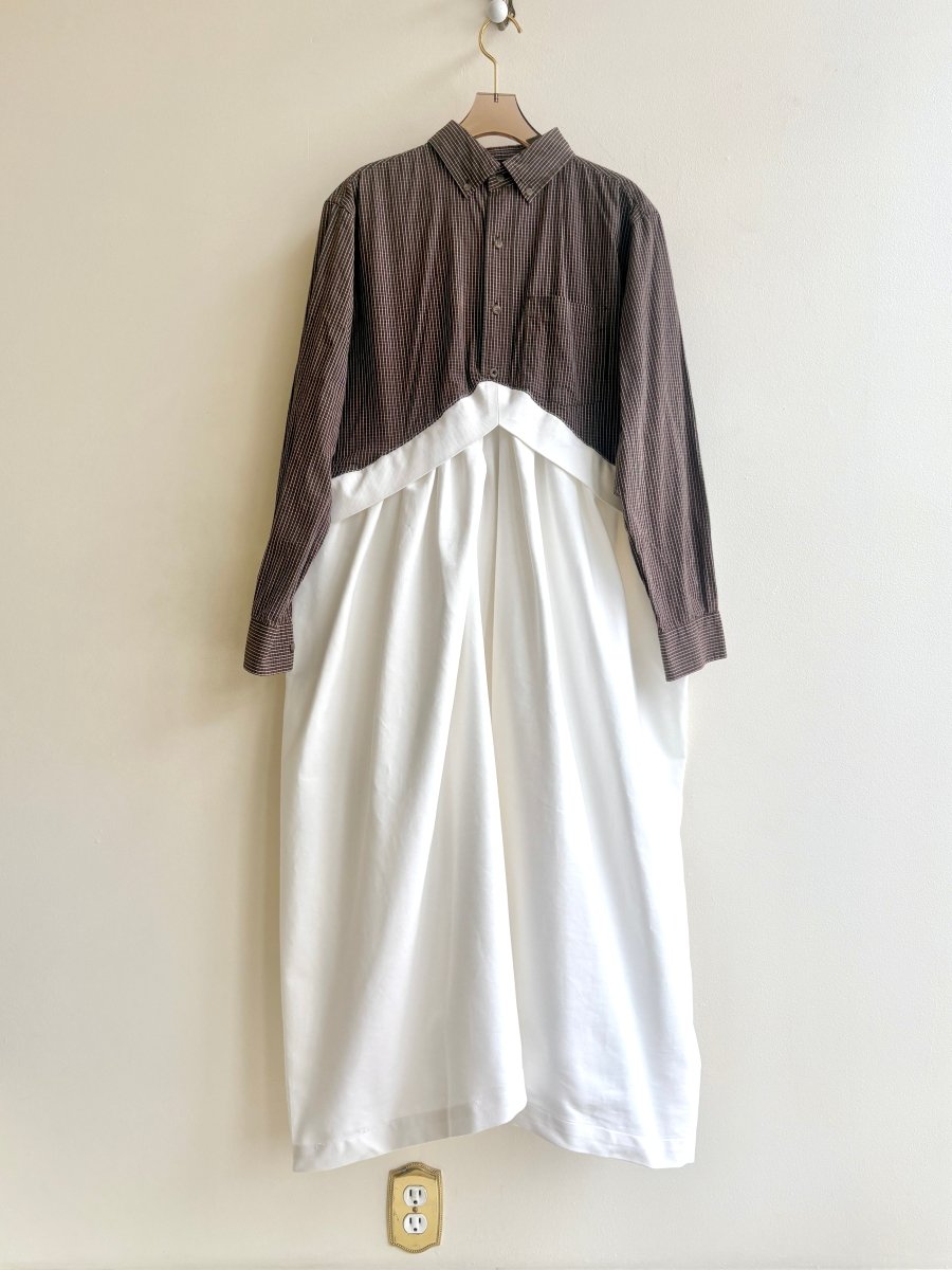 V - Line Shirtwaist Dress in Brown, Grey, White & Blue Mini - Plaid & White Cotton Canvas (Reworked) - Made X Hudson