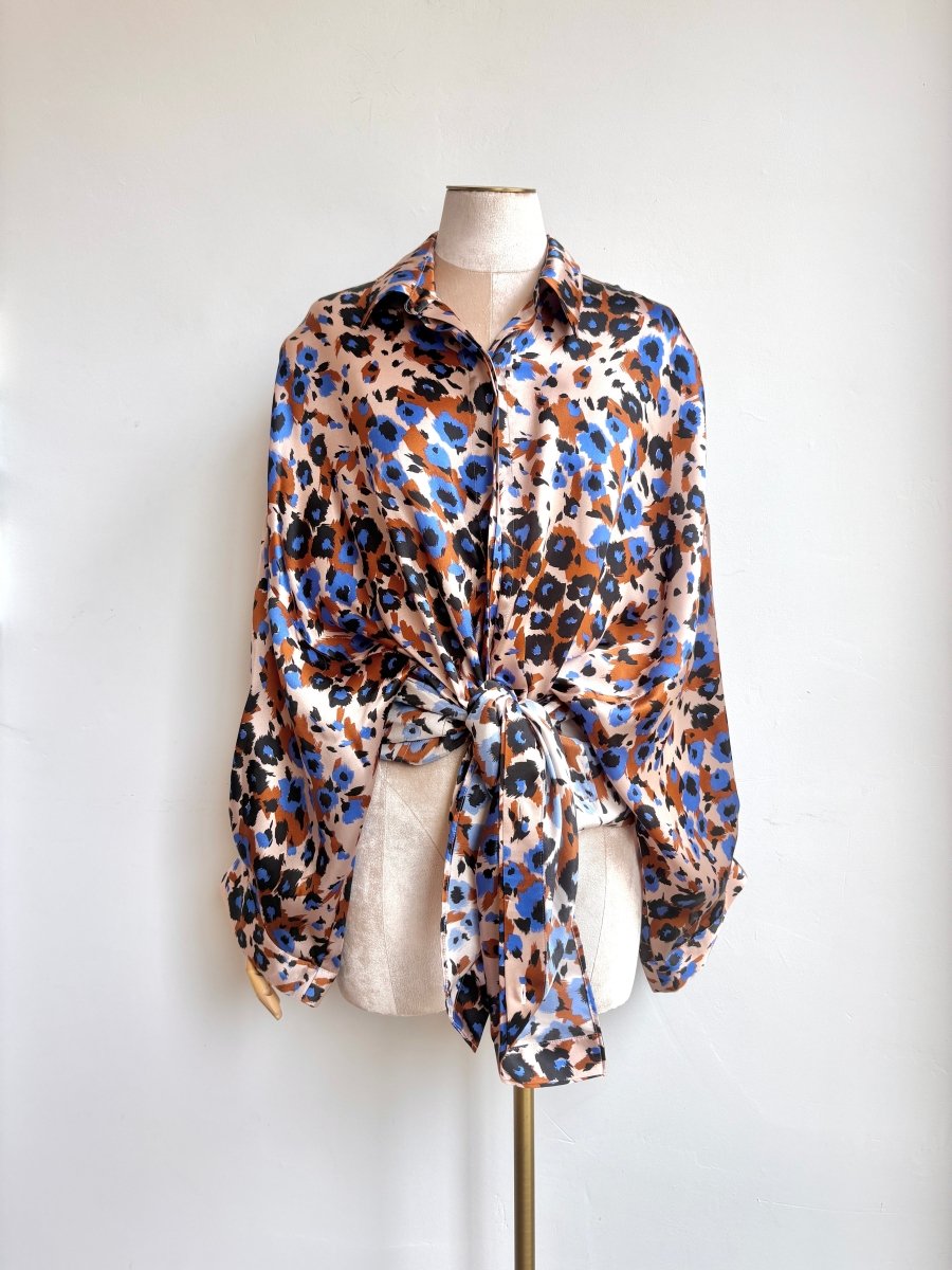 Silk Button Down Long Shirt in Soft Pink, Rust, Cobalt, and Black Floral Print - Made X Hudson