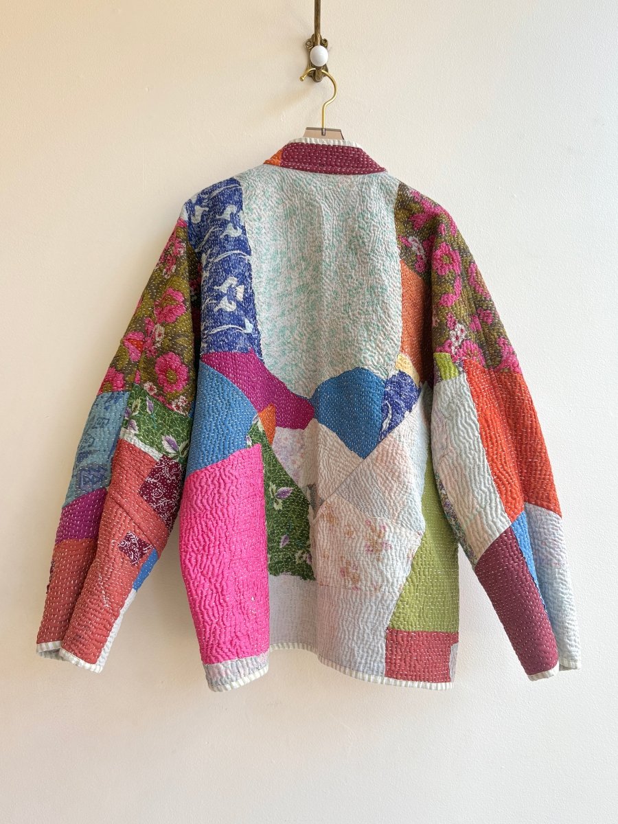 Reversible Ladhiya Quilted Jacket in Colors Sky Blue, Cream, Pink, Green & Multi Colored Patchwork - Made X Hudson