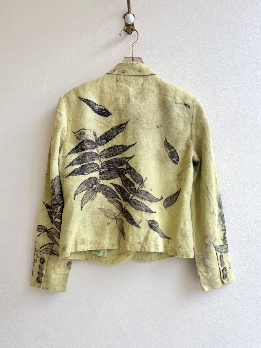 Chartreuse Linen Walnut Leaves Eco - Printed Blazer (Reworked) - Made X Hudson