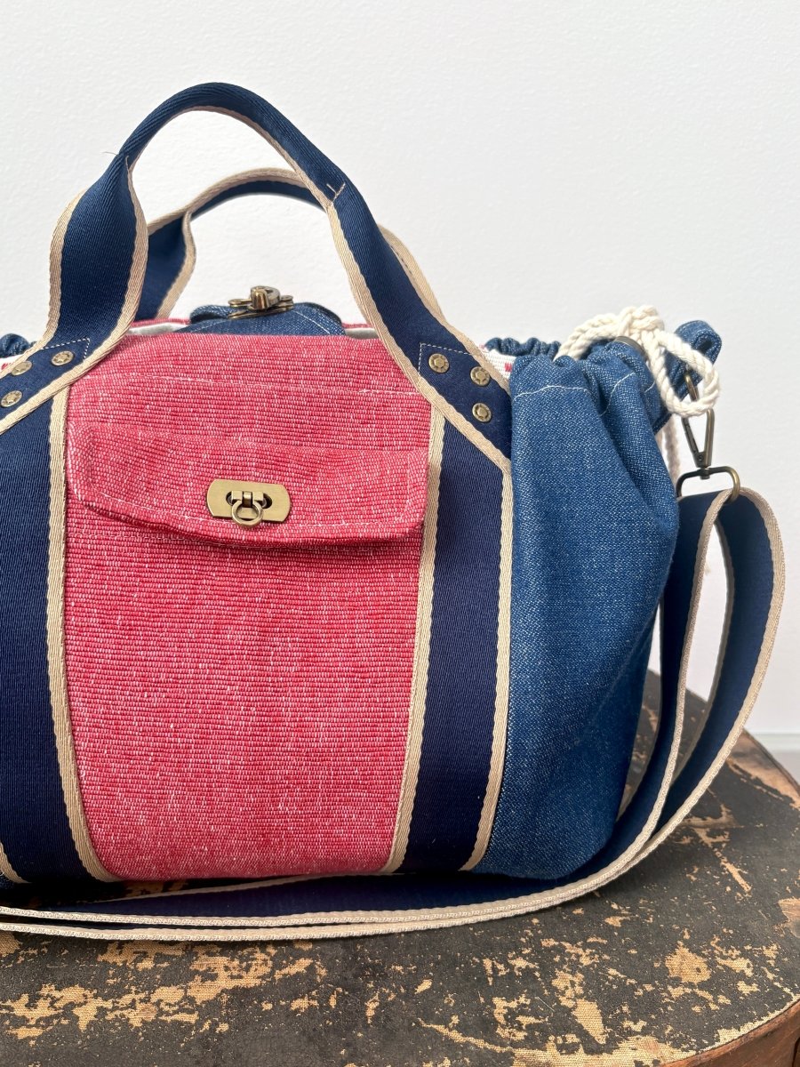 Mini Cross - Body Duffel Bag in Dark Denim and Woven Red w/ Navy Webbing - Made X Hudson