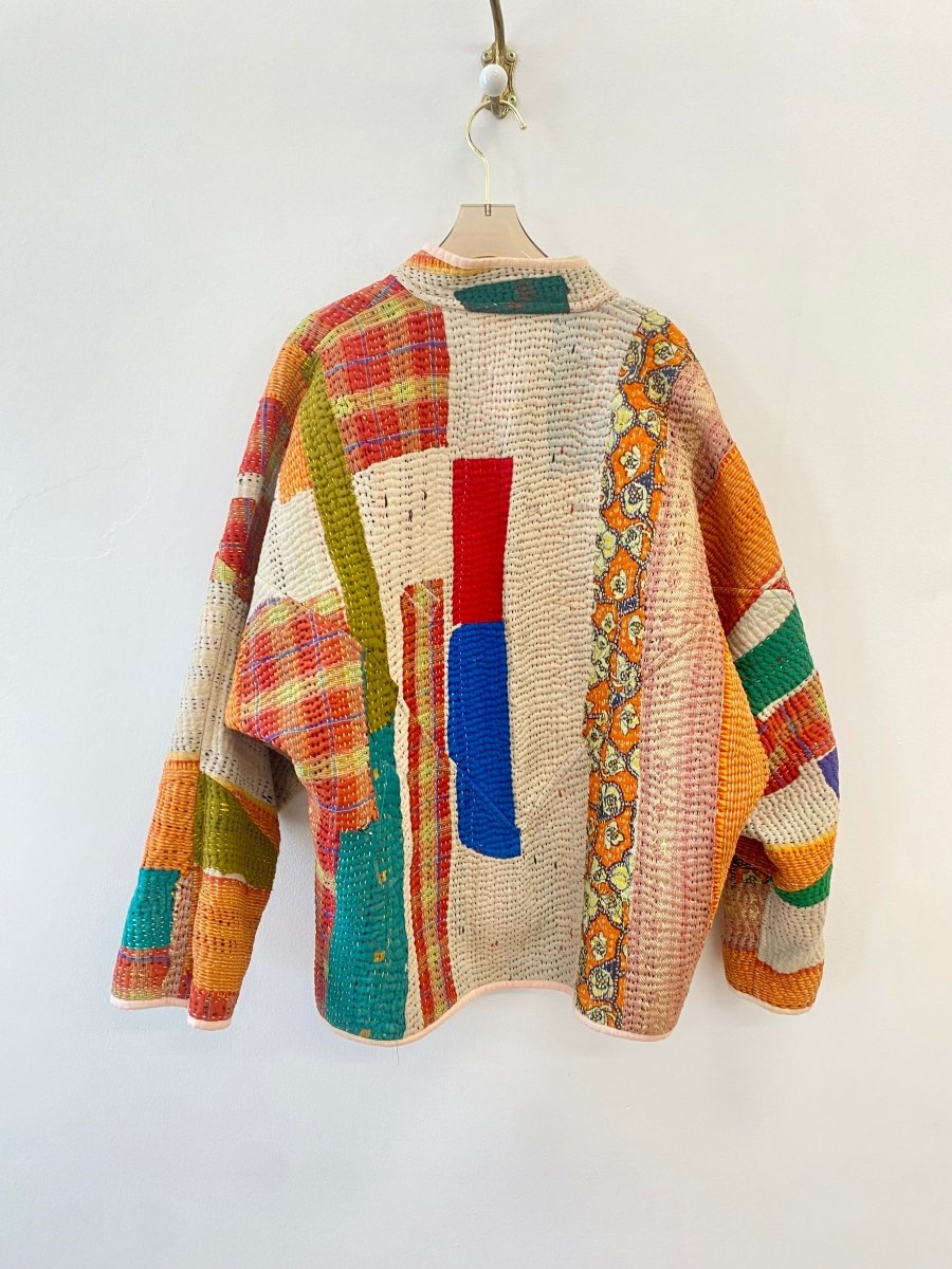 Reversible Ladhiya Quilted Jacket in Orange Floral Patchwork, Red Plaid, Green, Tan & Mustard, Tan - Made X Hudson