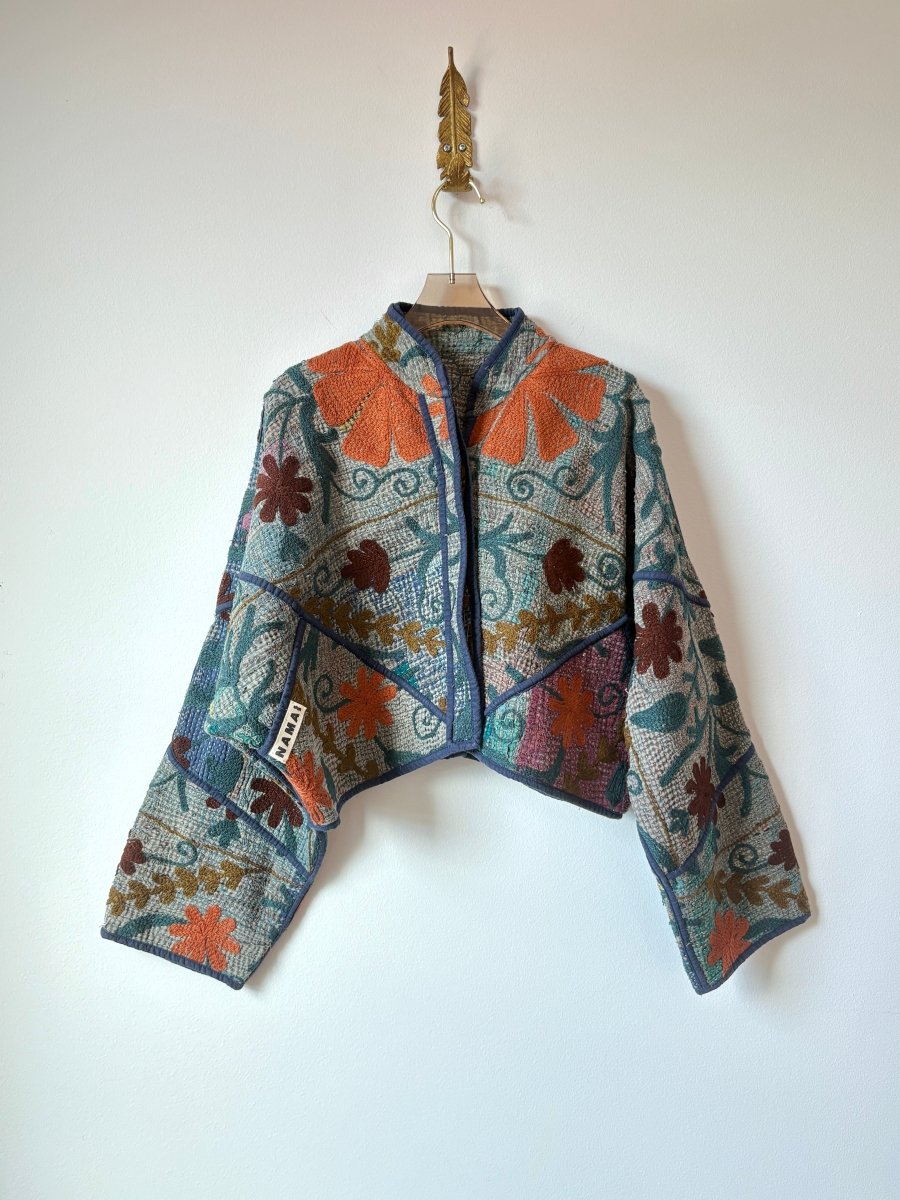 Reversible Suzani Quilted Cropped Jacket in Colors Navy, Orange, Burgundy & Bluestone - Made X Hudson