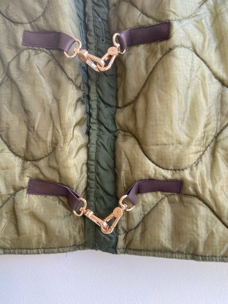 Olive Green Army Liner Quilted Coat w/ Faux Leather & Gold - tone Clasps (Reworked) - Made X Hudson