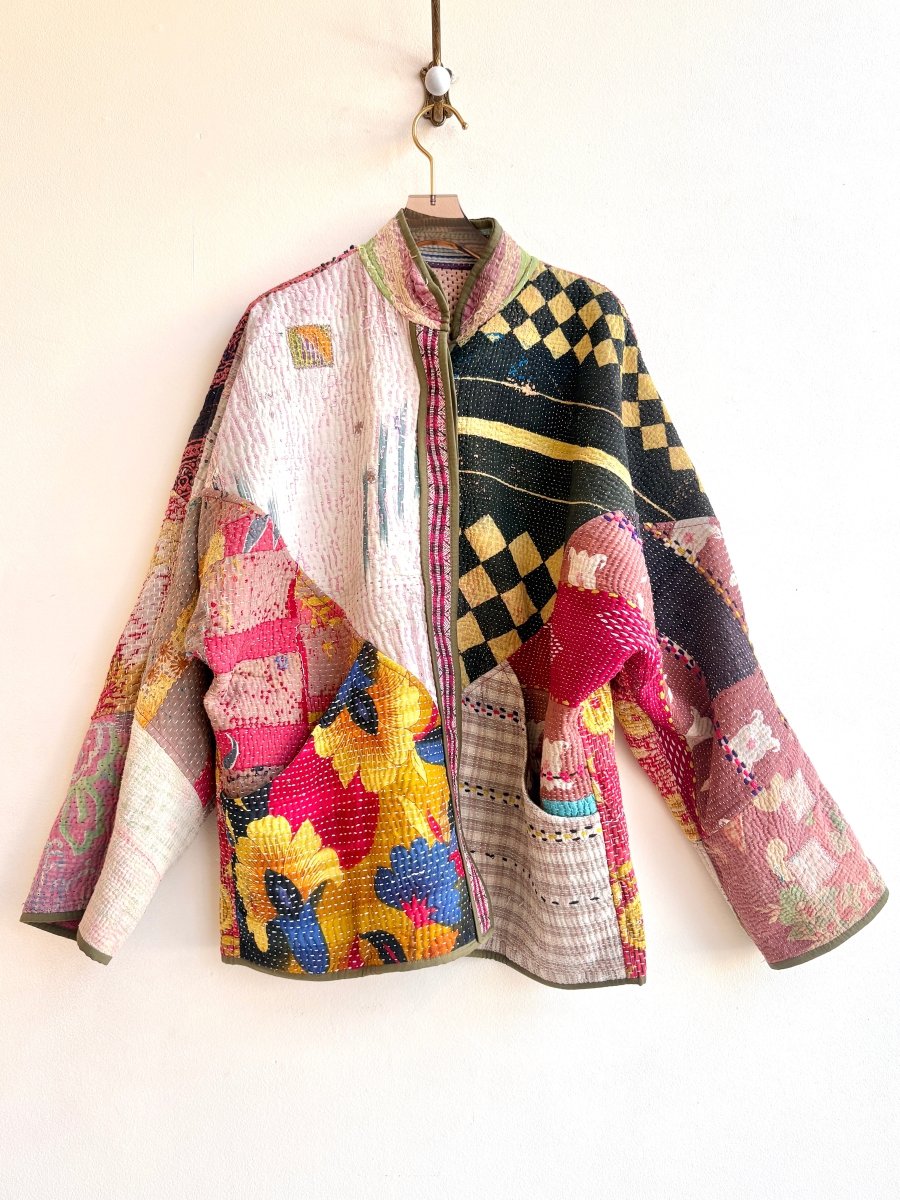 Reversible Ladhiya Quilted Jacket in Colors Olive Multi - Colored Pastel Patchwork & Red, Pink, Black, Yellow - Made X Hudson