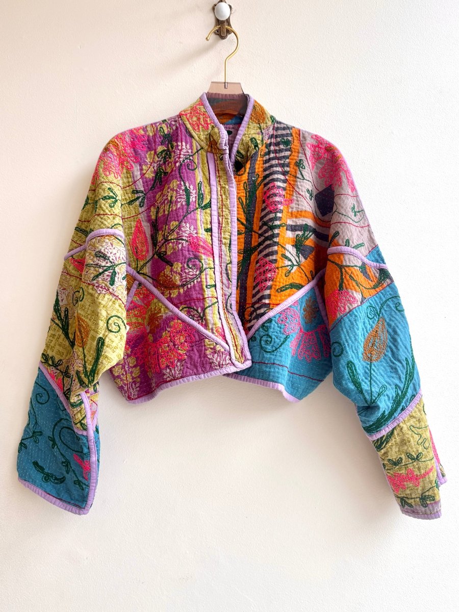 Reversible Kaira Suzani Quilted Cropped Jacket in Colors Peony, Lime Pop, Hot Pink, Lavender & Petal, Forest, Ocher - Made X Hudson