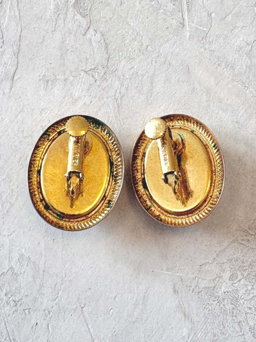 Gold Tone Border and Navy Jackie O Clip On Earrings (Vintage) - Made X Hudson