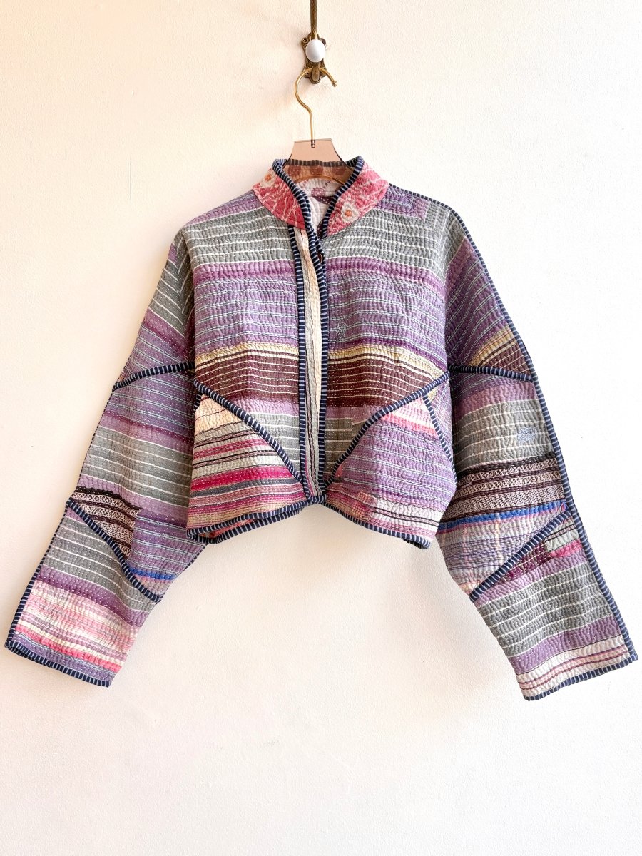 Reversible Kaira Quilted Cropped Jacket in Colors Lavender and Grey Stripes & Mauve, Peach, Cream, Pale Pink - Made X Hudson