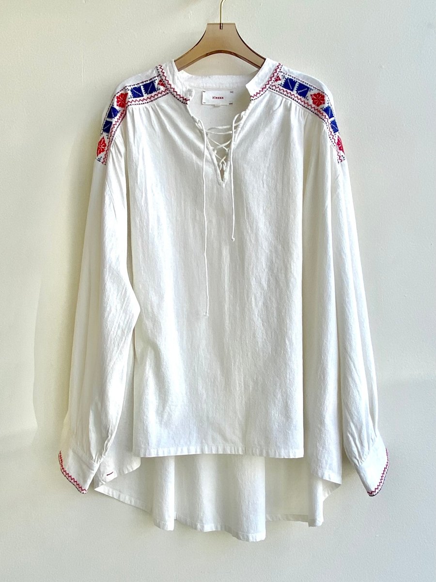 Embroidered & Lace Up White Top (Vintage) - Made X Hudson