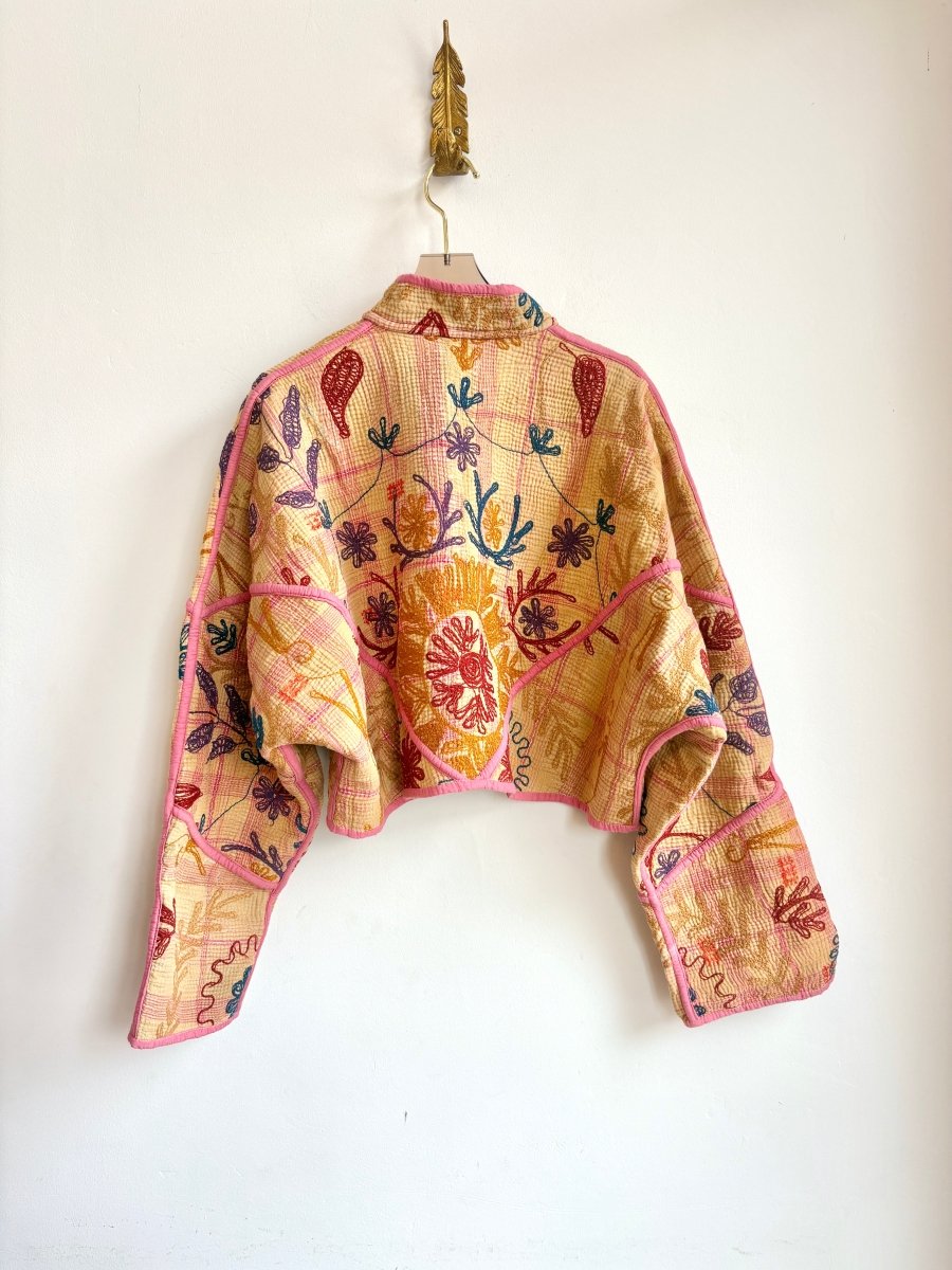Reversible Suzani Quilted Cropped Jacket in Colors Cream, Cobalt, Rust, Mustard & Caramel, Cobalt, Rust, Purple - Made X Hudson