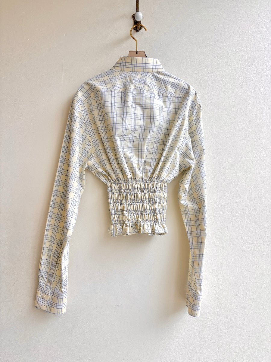 The George Top | Pale Yellow & Blue Grid Button Down Top w/ Smocked Waist (Reworked) - Made X Hudson