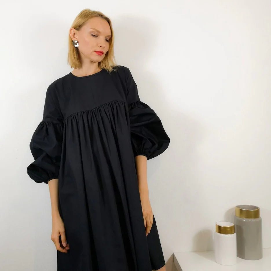 Black Long Sleeve Cotton Phoebe Puff Sleeve Dress w/ Belt - Made X Hudson