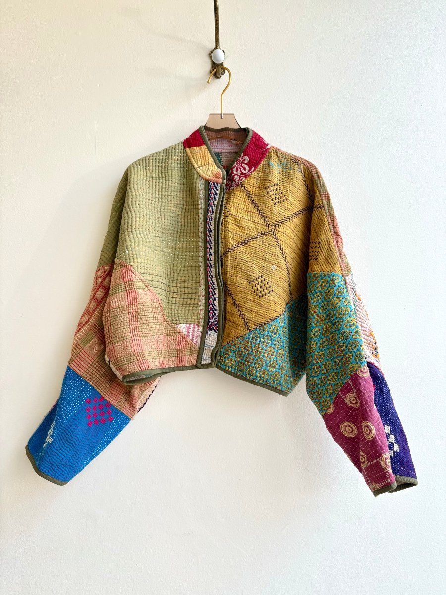 Reversible Kaira Quilted Cropped Jacket in Colors Green, Tan, Pink, Red, Blue, Orange & Mauve, Tan, Blue, Mustard - Made X Hudson