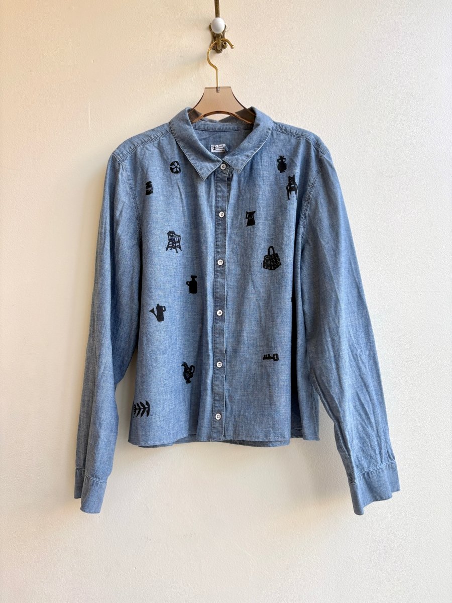 Tiny Print Cropped Button Up Stone Denim in Black | Block Printed (Reworked) - Made X Hudson