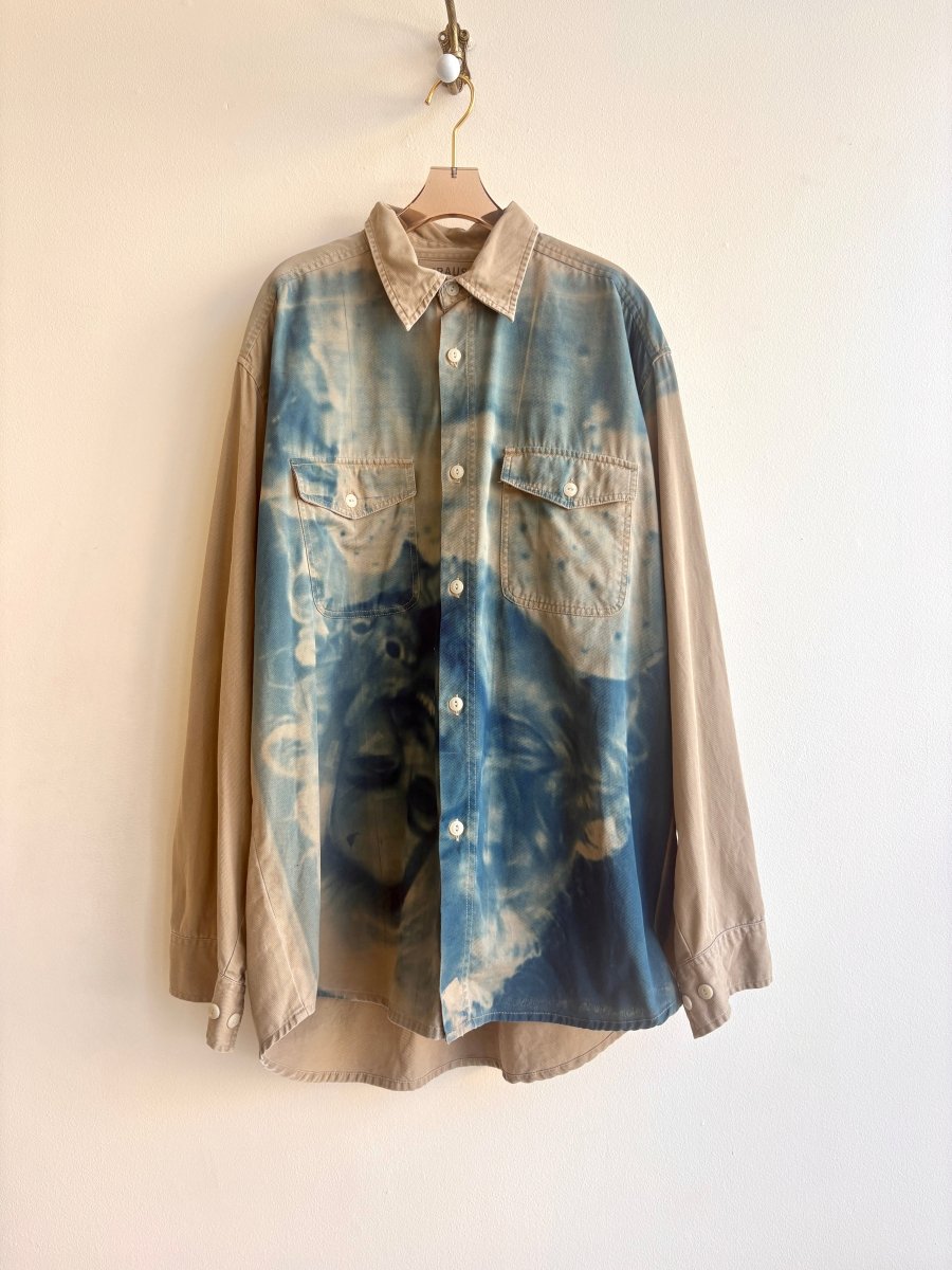 Dolly Parton and Kitten | Inverted Cyanotype Printed Tan Button - Up Shirt (Reworked) - Made X Hudson