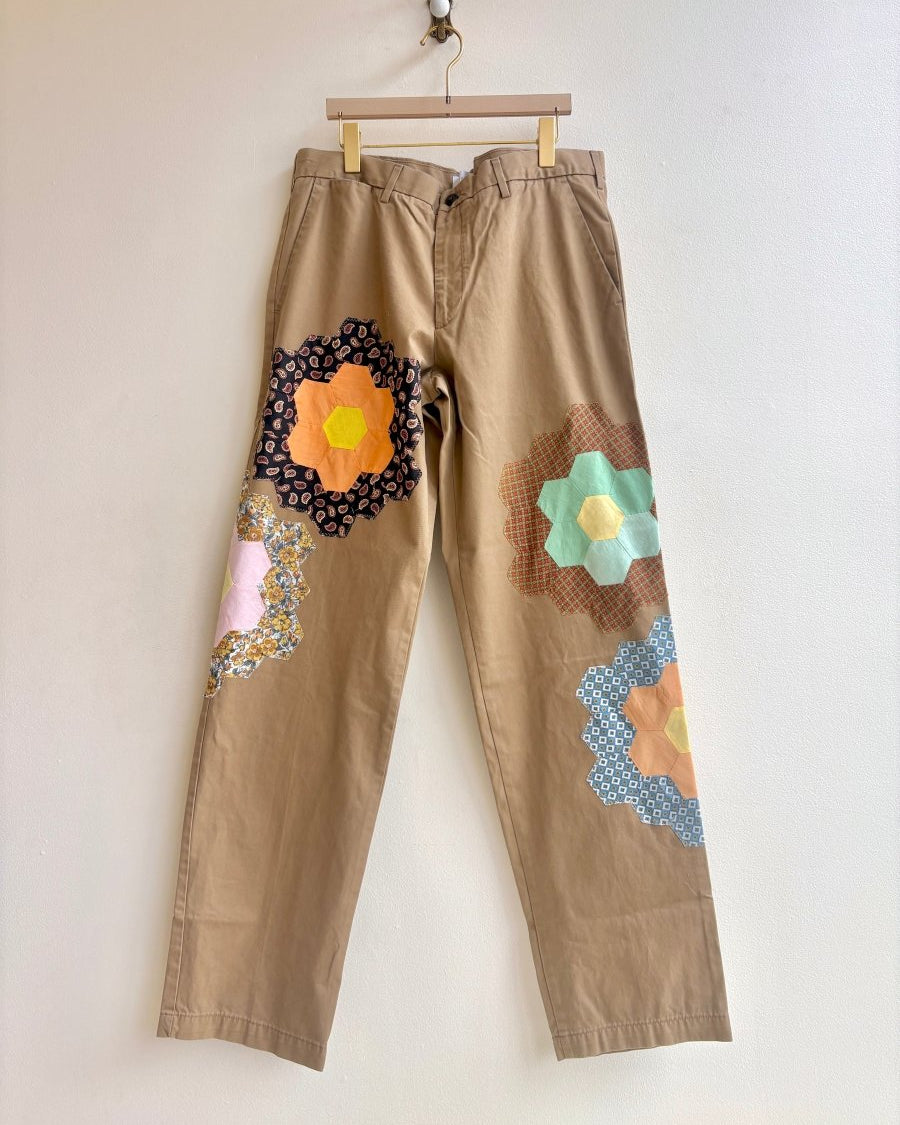 Grandmother's Garden Quilt Block Applique Chinos | Black Paisley and Mixed Vintage Patterns (Reworked) - Made X Hudson
