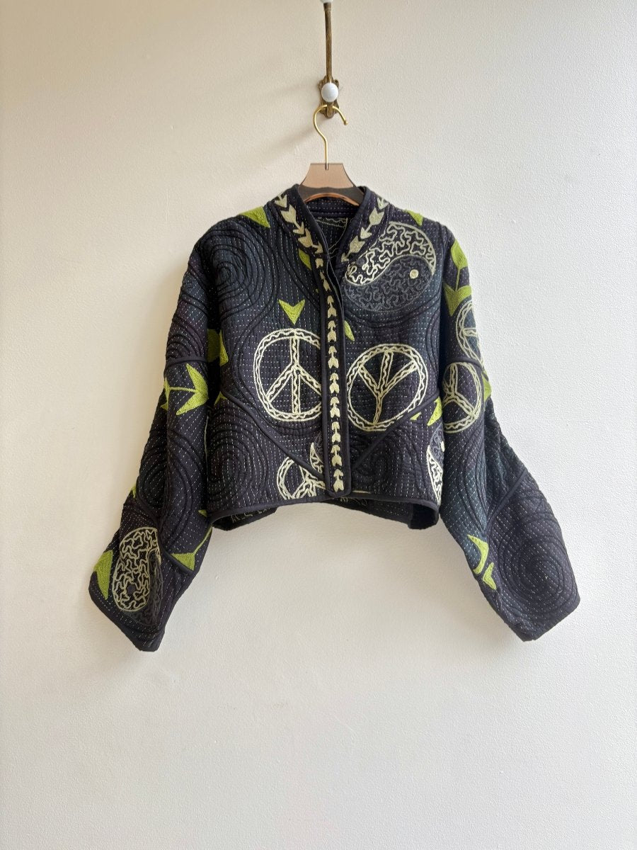 Reversible Kaira Suzani Quilted Cropped Jacket in Colors Black, Sage, Green & Black, Sage, Green - Made X Hudson