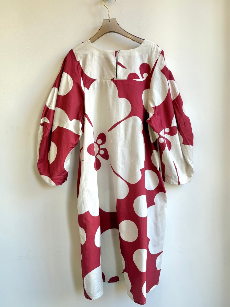Red & White Floral Bib Dress w/ Balloon Sleeves - Made X Hudson