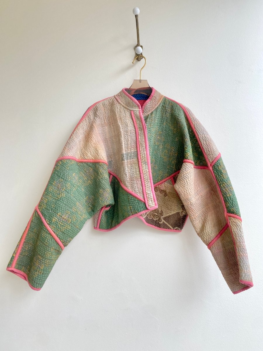 Reversible Kaira Quilted Cropped Jacket in Colors Sage, Flax & Red, Blue, Yellow Patchwork - Made X Hudson