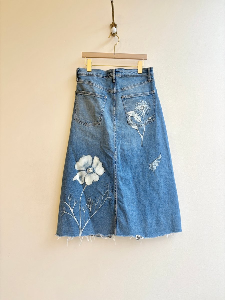 Blue Denim Long Floral Printed & Hand Drawn Skirt (Reworked) - Made X Hudson