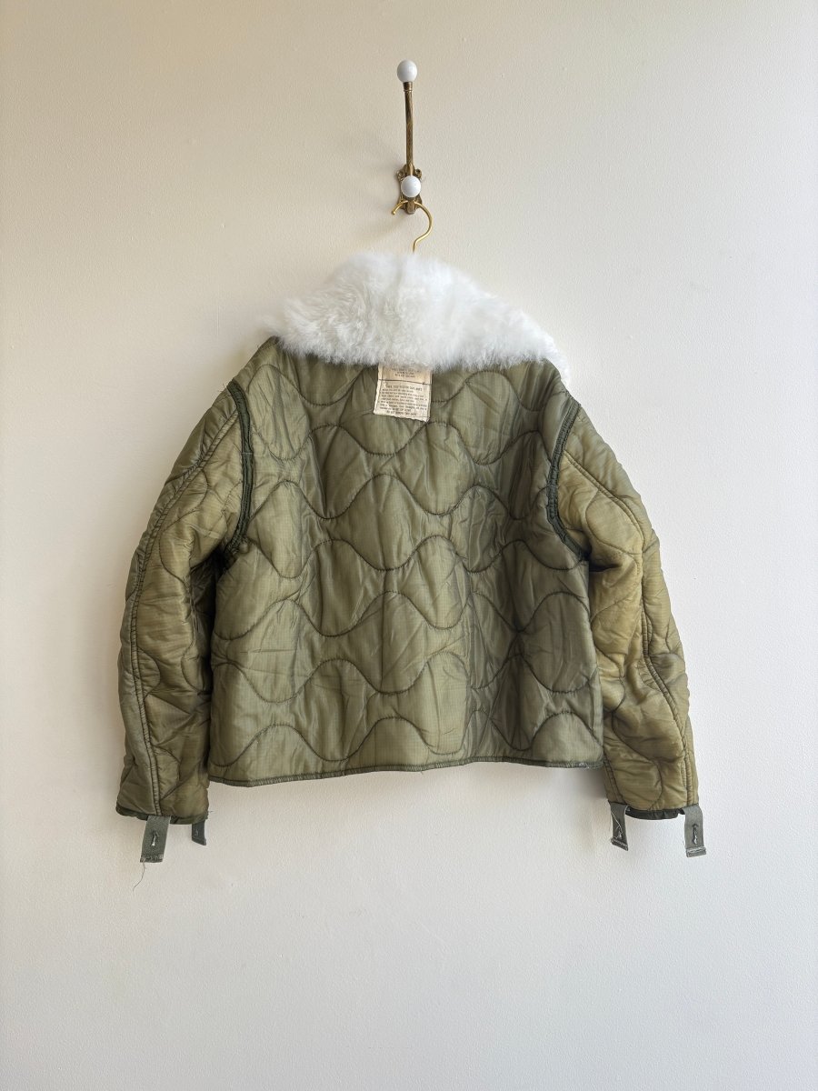 Olive Army Liner Quilted Coat w/ White Alpaca Fur Collar & Brown Canvas & Silver - Tone Clasps (Reworked) - Made X Hudson