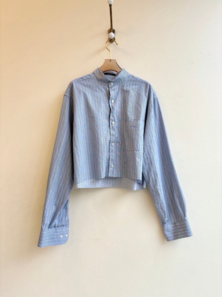 Blue Hairline Stripe Annette Crop Top w/ Light Blue Embroidered “Apres” (Reworked) - Made X Hudson