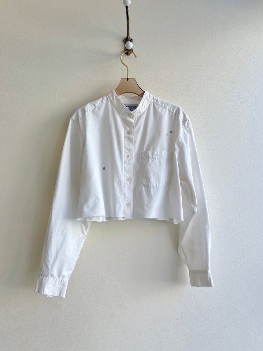 White Annette Crop Top w/ Green Embroidered Hearts (Reworked) - Made X Hudson