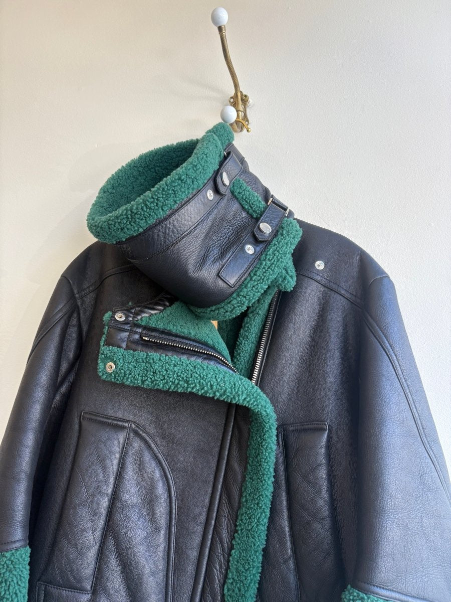 Kenzo Paris | Emerald Sherpa and Black Asymmetric Zip Leather Jacket - Made X Hudson