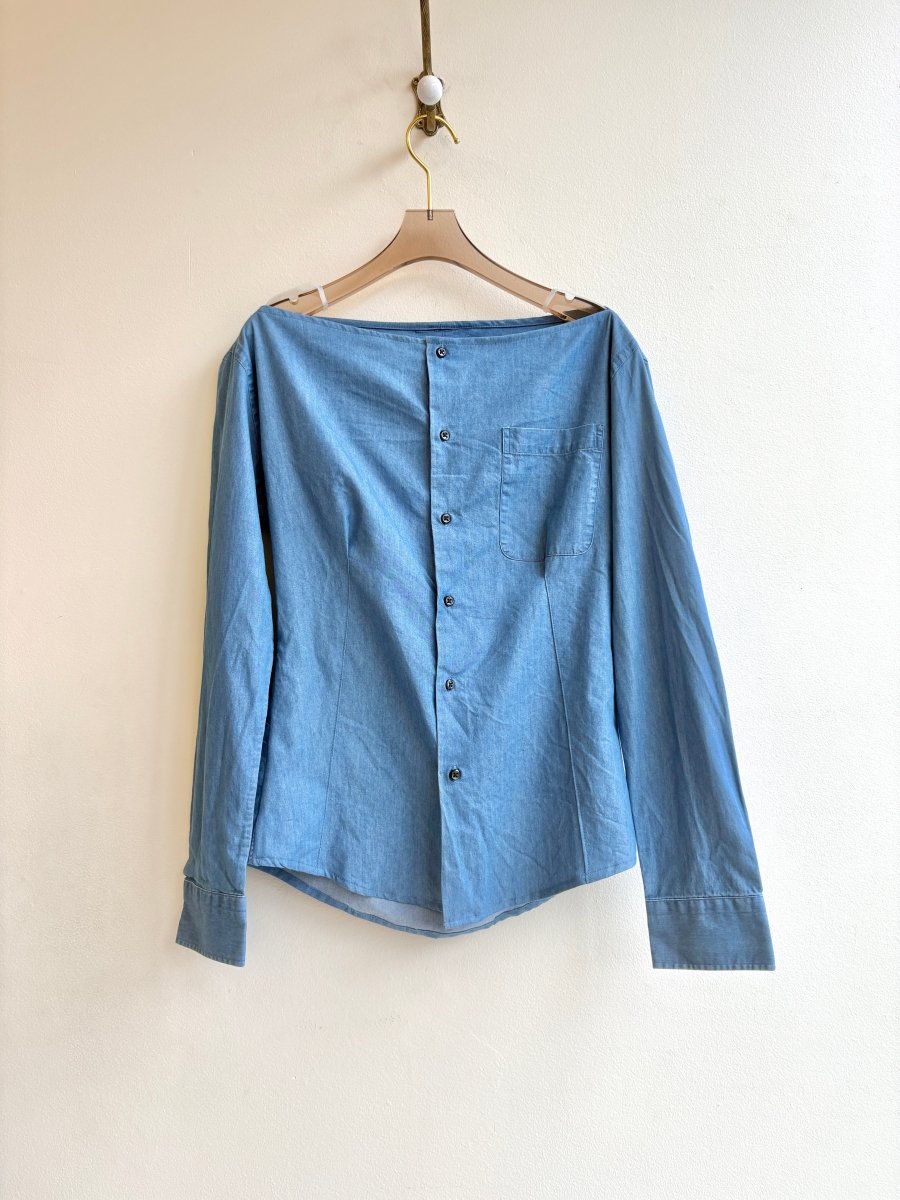 The Adrian Top | Blue Chambray Button Down Top w/ Scoop Neck (Reworked) - Made X Hudson