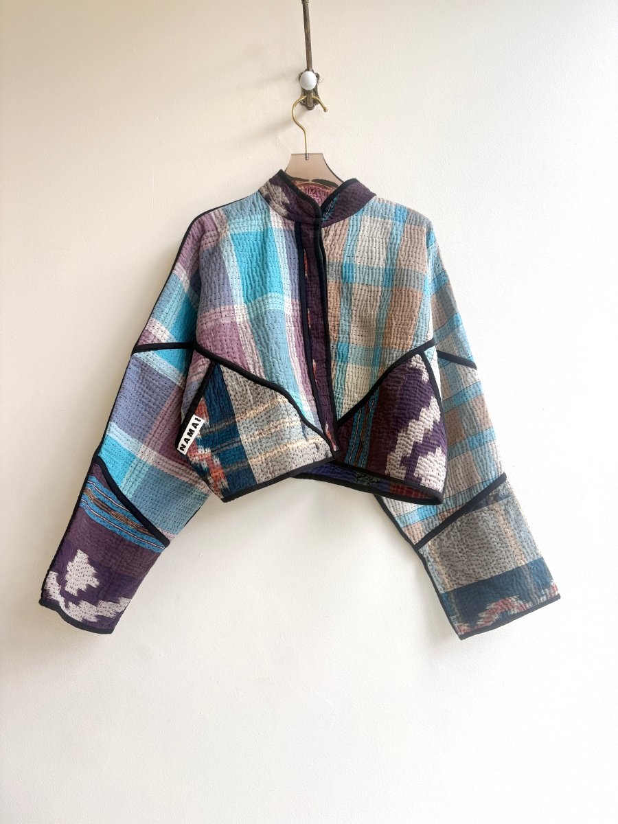 Reversible Kaira Quilted Cropped Jacket in Colors Blue, Camel, Cream, Purple Plaid & Coral, Red, Black, Cornflower Blue - Made X Hudson