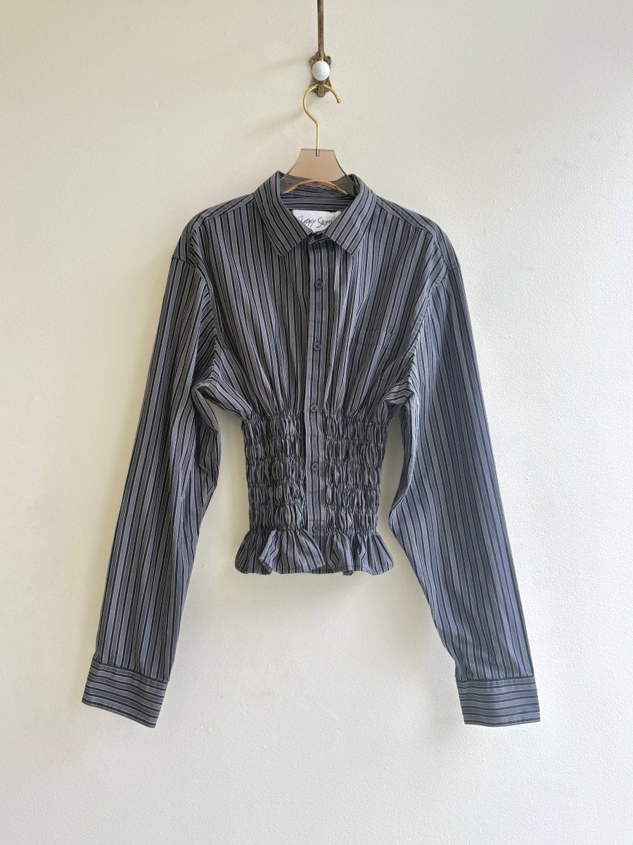 The George Top | Black and Grey Striped Button Down Top w/ Smocked Waist (Reworked) - Made X Hudson