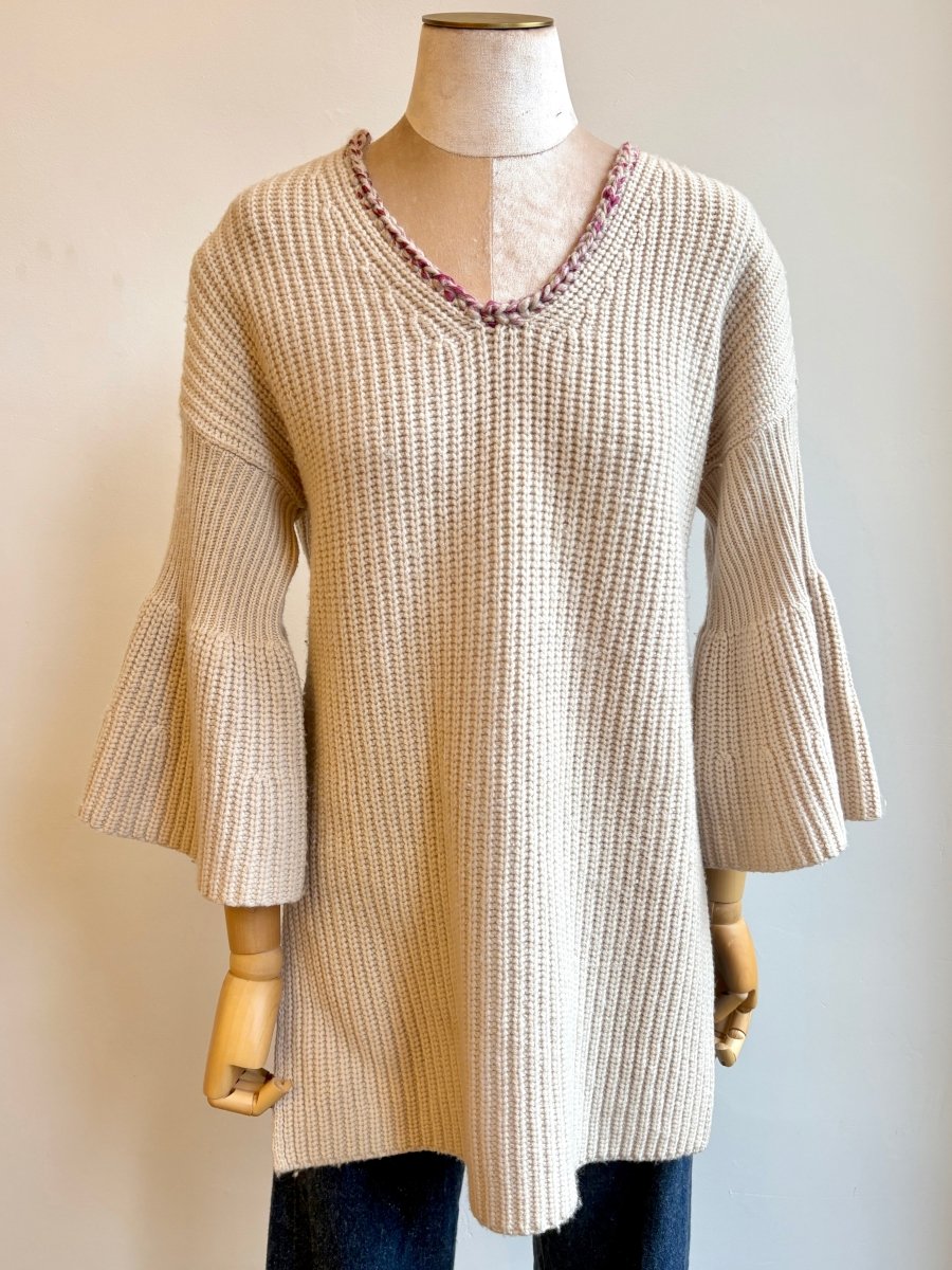 Cream Knit w/ Ruffle Sleeve & Decorative Neckline (Reworked) - Made X Hudson