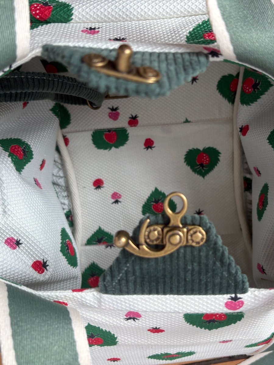 Mini Cross - Body Duffel Bag in Emerald Corduroy and Retro Strawberry Pattern w/ Sage Webbing - Made X Hudson