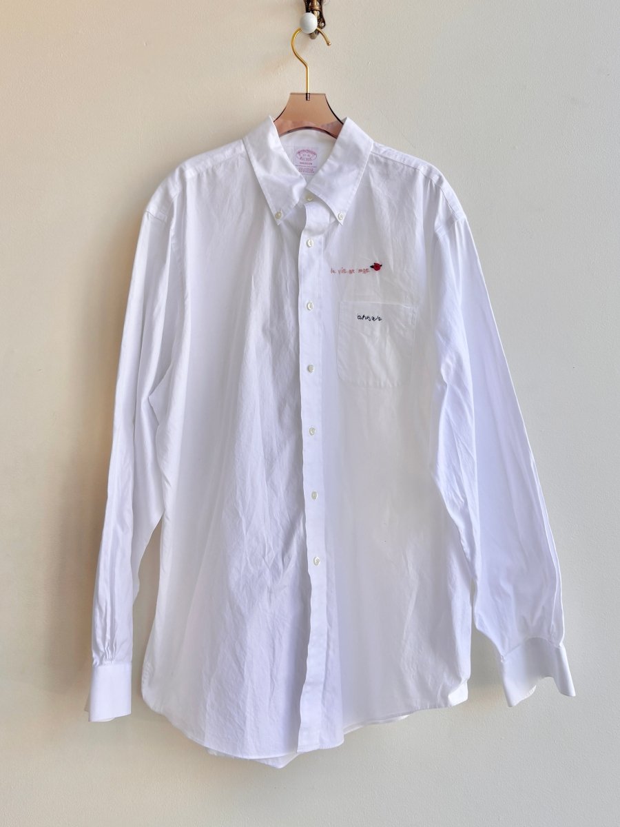 White Hand Embroidered Note & Rose Everyday Button Down (Reworked) - Made X Hudson