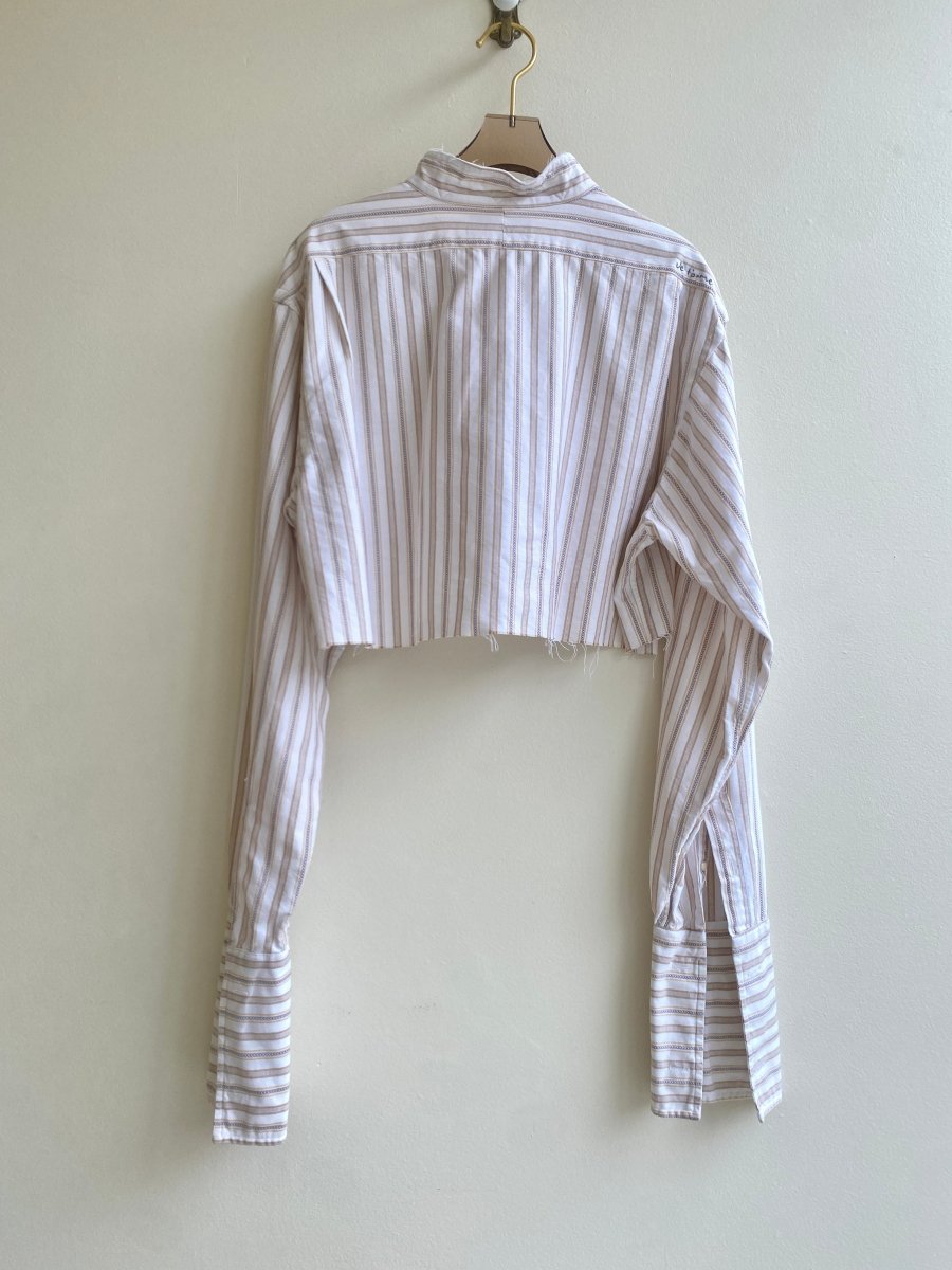 Tan, Blue, & White Annette Button Down Crop Top Hand Embroidered “Je Tàime” (Reworked) - Made X Hudson