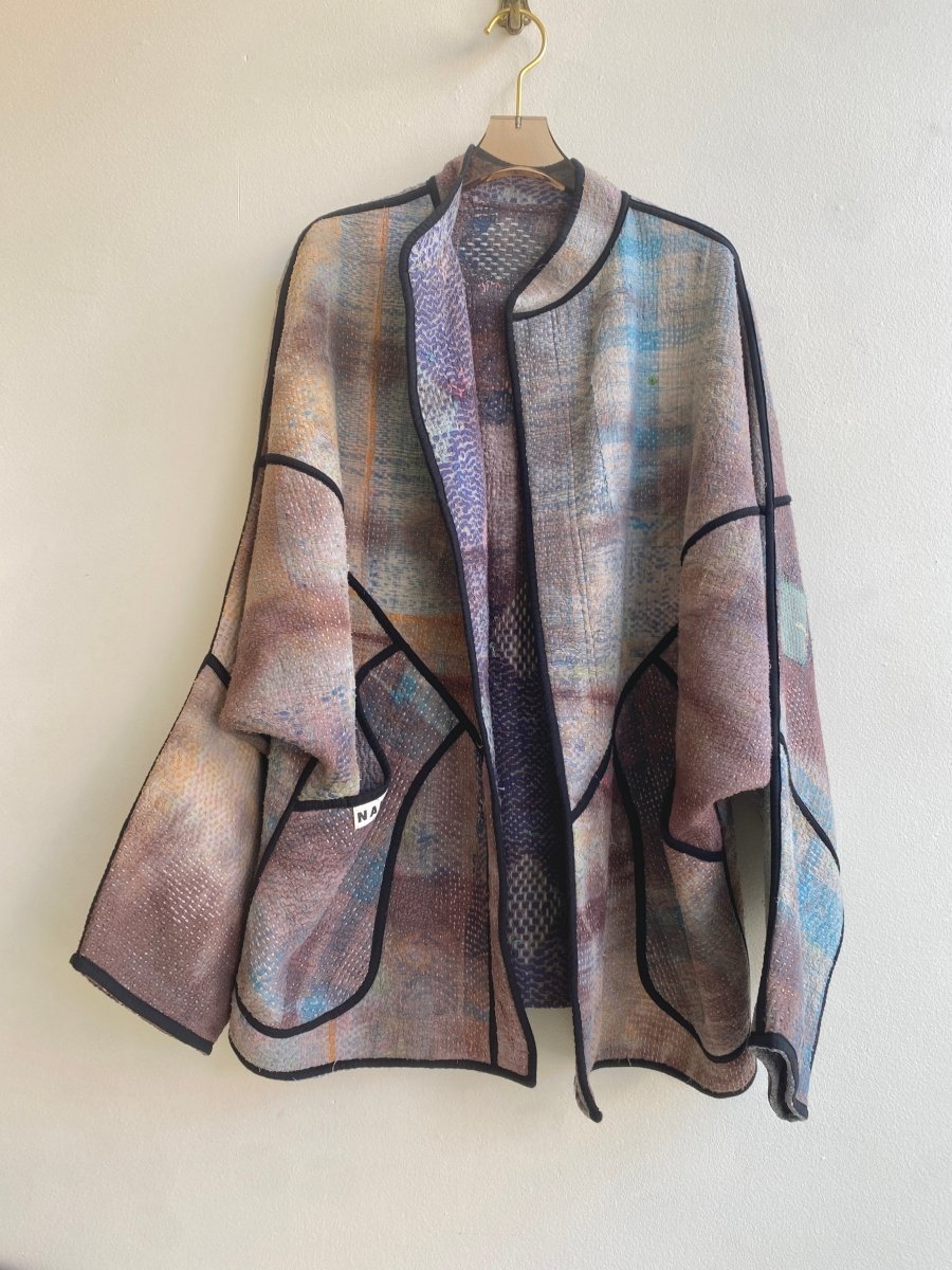 Reversible Ishani Quilted Jacket in Colors Mauve, Blue, & Purple w/ Flower Embroidered Patch - Made X Hudson