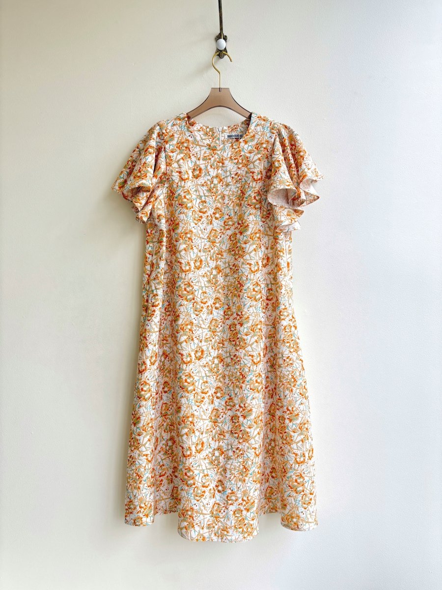 Orange, Yellow, and Teal Abstract Floral Chore Dress with Flutter Sleeve - Made X Hudson