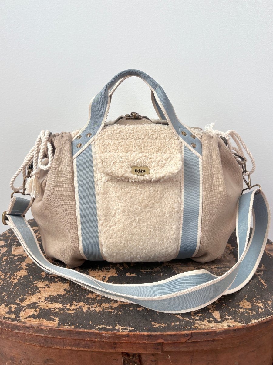 Mini Cross - Body Duffel Bag in Khaki and Faux Sherpa w/ Sky Blue Webbing - Made X Hudson