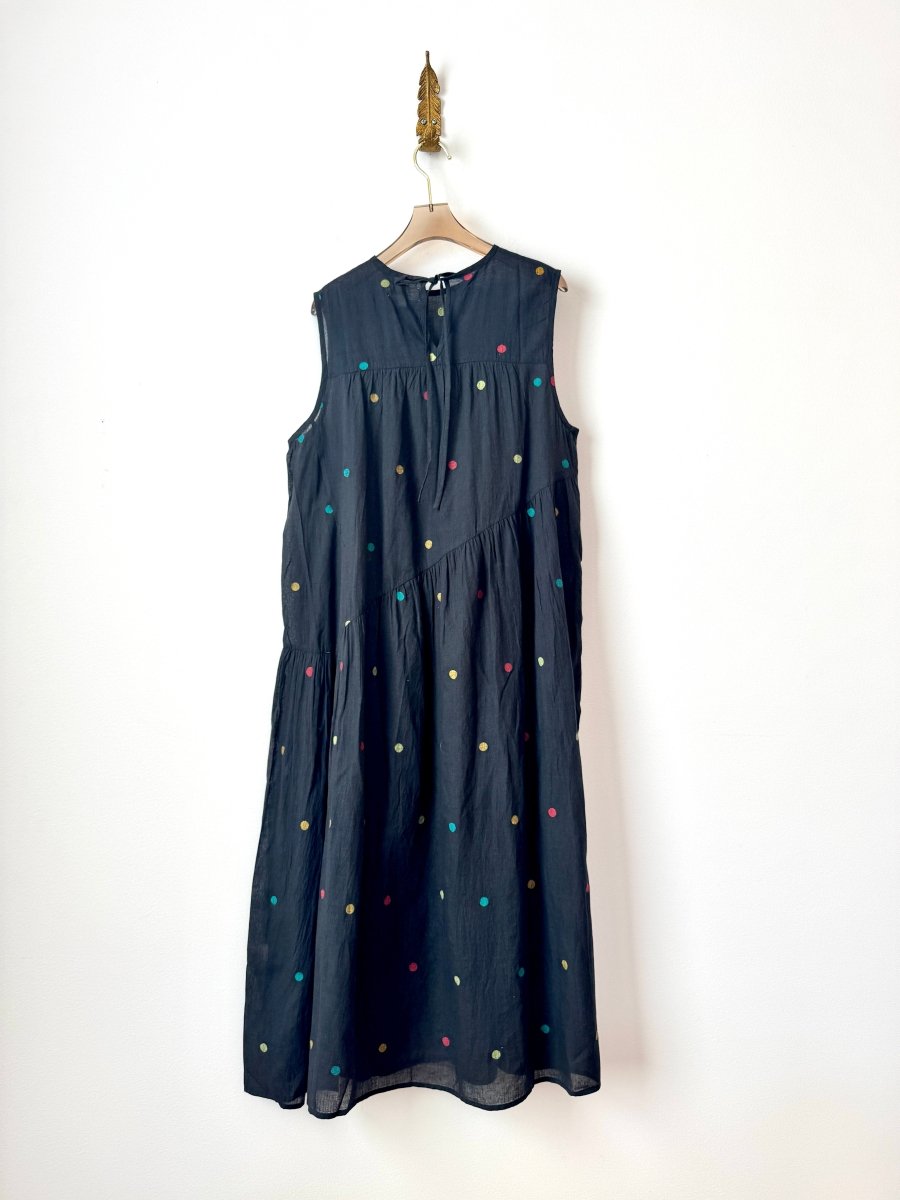 Anan Long Gathered Dress in Charcoal & Color Polka Dot - Made X Hudson